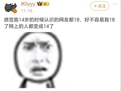 社交媒体用户'IKliyyy'发布的帖子，内容描述自己14岁时认识的网友多为18岁，而当自己18岁后，网络上的用户却普遍变成14岁，配一张表情困惑的简笔画人物图，以幽默方式吐槽网络社交中的年龄代际变化现象。