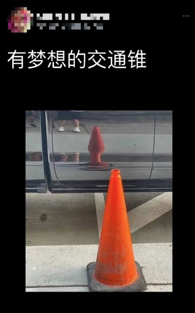 图片中展示了一个橙色的交通锥立在地面上，背景中汽车的反光面恰好映出另一个交通锥的影像，形成了仿佛这个交通锥正在“照镜子”观察自己的有趣画面。图片上方配有文字“有梦想的交通锥”，通过拟人化的手法，赋予了原本无生命的交通锥以“梦想”的特质，营造出一种幽默又略带励志的氛围。