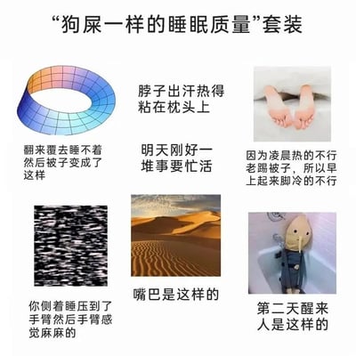 这是一张幽默吐槽睡眠质量差的拼贴梗图，标题为“狗屎一样的睡眠质量套装”。图中包含多个子元素：左上角是彩色网格圆环，配文“翻来覆去睡不着然后被子变成了这样”；右上角是双脚从被窝伸出的照片，配文“脖子出汗热得粘在枕头上”及“因为凌晨热的不行老踢被子，所以早上起来脚冷的不行”；左下角是黑白噪点图，配文“你侧着睡压到了手臂然后手臂感觉麻麻的”；中间下方是沙漠景观图，配文“嘴巴是这样的”；右下角是戴着象鼻面具的人泡在浴缸里的照片，配文“第二天醒来人是这样的”。整体通过夸张的图文结合，生动展现了失眠、睡眠不适及晨起疲惫的状态，充满自嘲与共鸣感。