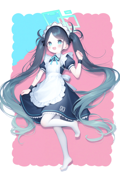 一张动漫风格的插画，描绘了一位蓝发双马尾的少女穿着女仆装，面带微笑地躺在粉色背景上。她有着明亮的蓝色眼睛，穿着白色围裙和深蓝色连衣裙，裙摆和袖口有白色花边装饰。她的头发很长，呈现出渐变的蓝绿色，姿态放松，一只手轻轻抬起，整体画面色彩明快，充满青春活力。