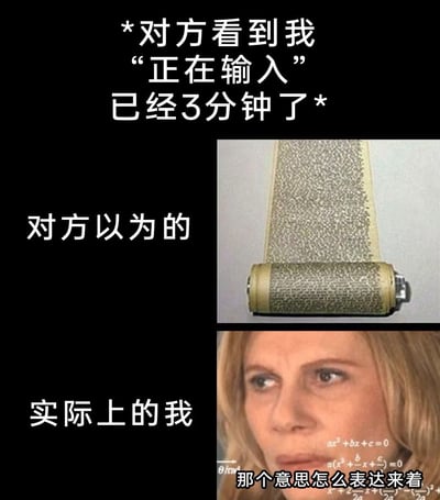 这张梗图通过上下对比的方式，幽默展现了聊天时对方看到“正在输入”状态持续3分钟后的反差场景。上方文字提示“*对方看到我‘正在输入’已经3分钟了*”，中间“对方以为的”配图是一卷写满密密麻麻文字的长卷轴，暗示对方可能以为正在编辑长篇大论；而下方“实际上的我”则是一位表情困惑的女性，面部叠加着数学公式，配文“那个意思怎么表达来着”，真实还原了当事人纠结措辞、难以组织语言的尴尬状态。