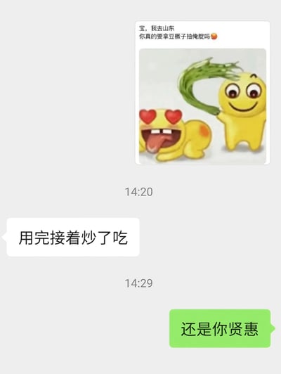 这是一张聊天记录截图，展示了一段充满地方幽默的对话。14:20时，发送者发来消息“宝，我去山东 你真的要拿豆橛子抽俺腚吗”并附带一张 meme 图，图中两个黄色卡通角色：一个躺倒在地，双眼冒红心、吐着舌头，显得十分兴奋；另一个站立着，手持绿色的豆橛子（大豆荚），面带微笑。14:29时，接收者回复“用完接着炒了吃”，将“抽腚”的玩笑与山东人爱吃大豆的饮食习惯结合，形成幽默效果。