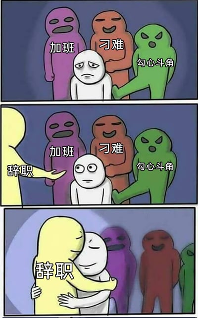 这是一幅三格连环卡通漫画，精准刻画了当代职场打工人的压力与解脱过程。第一格中，代表普通职场人的白色卡通人物愁眉紧锁，被分别象征“加班”“刁难”“勾心斗角”的三个彩色拟人形象包围，传递出被职场负面压力裹挟的压抑感；第二格中，象征“辞职”的黄色形象出现并向白色人物伸出手，白色人物露出惊讶的神情，暗示着转机的到来；第三格中，白色人物与“辞职”紧紧拥抱，神情放松愉悦，而原本的三个职场压力形象被甩在身后，直观展现出辞职后摆脱压力的轻松状态，戳中了广大职场人被工作负面情绪困扰的痛点，引发强烈情绪共鸣。