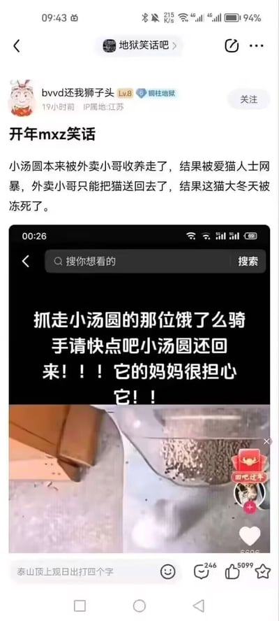 这是百度贴吧“地狱笑话吧”的一则帖子，由用户“bvvd还我狮子头”发布，IP属地江苏。帖子标题为“开年mxz笑话”，内容讲述了名为“小汤圆”的猫的悲剧：外卖小哥收养了流浪猫小汤圆，却遭到极端爱猫人士的网暴，无奈之下将猫送回，最终小汤圆在大冬天被冻死。帖子还附带了一张短视频平台的截图，截图中用醒目的文字呼吁抓走小汤圆的饿了么骑手将猫送回，声称猫妈妈很担心它，以此讽刺极端爱猫人士的行为反而造成了猫咪的死亡，属于典型的地狱笑话。