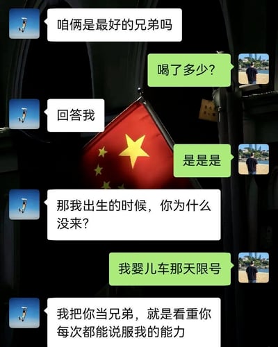 这是一张微信聊天记录截图，背景为车辆内部摆放的中国国旗。对话中一方先是询问对方是不是自己最好的兄弟，得到肯定答复后提出了完全不合逻辑的无厘头质问：自己出生的时候对方为什么没来，另一方则给出了「婴儿车那天限号」的离谱回答，最后提问的一方还表示自己正是看重对方每次都能说服自己的能力才把对方当兄弟，整体对话逻辑荒诞，充满搞笑趣味。