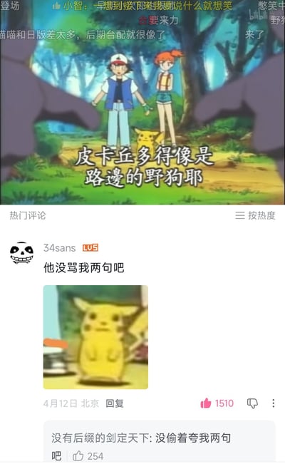 这张图是B站视频页面的截图，分为上下两个部分：上半部分是《宝可梦》的动画正片内容，画面里小智、小霞站在林间小路上，脚边跟着皮卡丘，配的字幕台词为“皮卡丘多得像是路边的野狗耶”，画面顶部还有观众发送的弹幕；下半部分是该视频的热门评论区，用户34sans发布了评论“他没骂我两句吧”，还搭配了一张皮卡丘表情呆滞的截图，该评论获赞1510，下方还有其他用户回复玩梗“没偷着夸我两句吧”，网友将自己代入皮卡丘的身份，调侃动画台词像是在骂自己，形成了搞笑的玩梗效果。