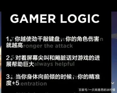 这是一张以黑色为背景的顶配底文静态图，标题为英文“GAMER LOGIC”（玩家逻辑），下方用白色文字列出三条充满趣味的玩家“玄学”行为，每条中文内容后还配有对应的英文翻译：1.你越使劲干敲键盘，你的角色伤害就越高；2.对着屏幕尖叫和飚脏话对游戏的进展帮助巨大；3.当你身体向前倾的时候，你的精准度+5。图片右下角带有百家号作者“一只有意思的冰柠檬”的水印。这张图用幽默的方式吐槽了玩家在沉浸游戏时，产生的一些无厘头的自我心理暗示行为，这些行为实际上对游戏进程和角色属性没有任何实际影响，只是玩家投入游戏时的趣味表现，能引发广大游戏玩家的共鸣。