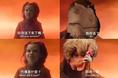 这是一个四格拼贴梗图，改编自《复仇者联盟：无限战争》中的经典场景。左上角是一个红头发女孩问'你存活下来了吗？'，右上角是一个生物回答'我存活了'。左下角女孩继续问'代价是什么？'，右下角则是一个鸡头生物回答'我的一切'。通过将原版角色面部替换为鸡头创造幽默效果。