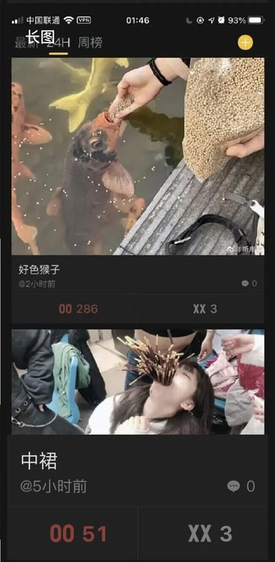 这是一张竖屏手机格式的社交媒体截图，展示了社区24H周榜中的两个用户发布的恶搞内容。上方用户“好色猴子”发布的图片中，一只大鱼张大嘴去吃手中的鱼食，视觉上形成手伸进鱼嘴的错觉；下方用户“中裙”发布的图片是视觉错位效果，签子类物品放置在女生嘴前，看起来像是从女生嘴里伸出来，制造出荒诞搞笑的画面。两个帖子的评论数均为0，还显示了对应的互动数据。