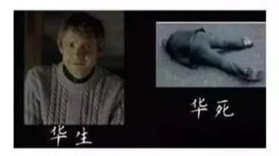 这是一张左右对比的图文混排梗图，左侧是英剧《神探夏洛克》中华生的影视截图，人物身着灰色毛衣，表情略显惊讶；右侧是一个倒地躺平的人物图像。两张图的下方分别标注了“华生”和“华死”字样，利用“生”与“死”的谐音制造出趣味笑点，属于网友对影视截图进行P图改编后的文字加注图，整体构图清晰，通过左右对比的方式突出谐音梗的搞笑效果。