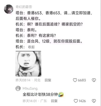 图片为社交媒体聊天记录截图，内容是用户“奇幻的霜雪”发布的一段虚构航空对话：塔台催促航班“香港653”加速，称“后面有人催你”，机长疑惑询问是哪家航空公司，塔台回答“泰利”，机长表示没听过该公司，塔台才点明“是台风，12级，就在你屁股后面”，机长以“收起”二字收尾。对话下方配有一张人物震惊表情的黑白表情包，以及用户“MikuSang.”的回复“全程比计划快38分钟”并附带笑到流泪的emoji。
双关梗：利用“泰利”既可能是航空公司名称也可能是台风名称的歧义制造笑点，台风“泰利”（12级）被拟人化为“催加速”的角色，形成幽默效果。