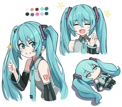 这是一张虚拟歌手初音未来的同人创作插画，采用多图拼接的形式展示了三个不同状态的初音未来：<br>1. 左侧主体是身着经典公式服的初音未来，面带微笑自信地竖起大拇指，手臂上的01标识清晰可见；<br>2. 右上方是开心大笑、挥手致意的初音，眉眼弯起，神态十分兴奋；<br>3. 右下方是Q版化的初音，瘫躺在地上，眼神慵懒，呈现出疲惫放松的状态。<br>图片左上角附带了该插画的配色参考表，整体风格清新可爱，无任何双关、谐音梗或暗示类内容。