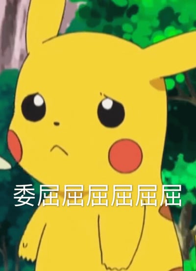 图片中是宝可梦系列的经典角色皮卡丘，它有着黄色的身体、长长的耳朵和红色的脸颊。此刻皮卡丘眼神低垂，嘴角下撇，露出明显的委屈表情，背景是绿色的森林。图片下方配有重复的文字“委屈屈屈屈屈屈屈”，强化了皮卡丘此刻委屈的情绪，整体呈现出一种可爱又让人心疼的感觉。
