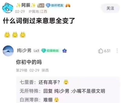 这是一张百度贴吧的用户互动截图，用户阿辰发布提问“什么词倒过来意思全变了”并搭配三个微笑小黄脸表情。用户纯i少男回复内容为“你初中的吗”，获得631个点赞，该回复的文字顺序反转后读音谐音为辱骂性脏话，属于典型的谐音梗玩梗内容。下方还有其他用户的跟评，分别为“七里香：还有高手？”“无所特殊：回复 纯i少男 :小嘴不是很文明”“白洲澪奈：难绷”，整体是网络社区趣味互动内容，笑点在于不易察觉的谐音冒犯梗。