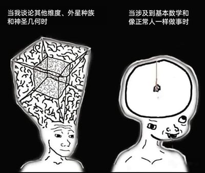 这是一张左右对比的黑白梗图，通过夸张的方式展示了同一个人在不同情境下的思维能力差异。左侧画面中，人物头部内充满了复杂的几何结构和类似大脑皮层的纹理，上方配有文字'当我谈论其他维度、外星种族和神圣几何时'，表现出思考高深抽象话题时的状态；右侧画面中，人物头部内几乎是空白的，只有一个简单的钟摆图案在中间摆动，上方文字为'当涉及到基本数学和像正常人一样做事时'，形成鲜明对比，幽默地表达了人们在面对不同类型问题时的能力反差。