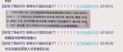 这是一段QQ聊天记录截图，用户【别骂了我码字】连发三条消息：先是兴奋宣称自己“再也不是起名废了”，随后粘贴了《哈利·波特》系列小说中的一段文字，描述哈利看到的满桌食物，包括烤牛肉、烤仔鸡、猪排等多种餐食，还有薄荷硬糖；最后用户调侃就算是J.K.罗琳的想象力，也没法超出英国人对美食的认知。通过奇幻小说里的食物描写吐槽英国料理的单调，笑点在于英国人的美食选择有限，即便在奇幻作品里也跳不出固定的餐食范围。