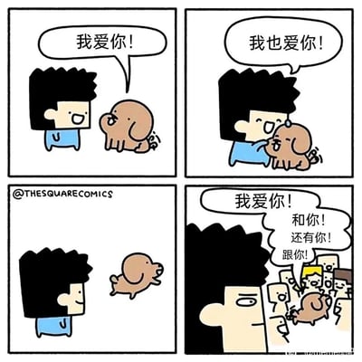 这是一则四格卡通漫画：第一格中，穿蓝色衣服的男孩面带笑容，对着面前的小狗说出“我爱你！”；第二格，小狗开心回应“我也爱你！”，男孩伸手抱住了小狗；第三格，小狗蹦跳着从男孩面前跑开，男孩微笑着目送它；第四格，小狗跑到一群人中间，热情地对着所有人喊道“我爱你！和你！还有你！跟你！”，而男孩则一脸无奈地看着这一幕。漫画通过男孩以为的专属爱意和小狗的“博爱”形成强烈反差，制造出搞笑的效果，展现了小狗热情泛滥的可爱一面。