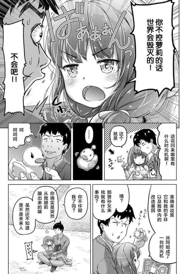 这是一组黑白日式漫画分镜，讲述了一个萝莉突然出现在男主面前，语出惊人地表示「你不控萝莉的话世界会毁灭的」，随后男主疑惑时光机的下落，萝莉指出男主抱着的小鸭子玩偶，和自己的手环、男主体内的改造基因共同组成了时光机，并说明自己是男主的曾孙女，是突然出现在男主面前的，男主则疑惑这位曾孙女找自己的目的。整体剧情无厘头，充满科幻搞笑的氛围，没有双关或谐音梗。
