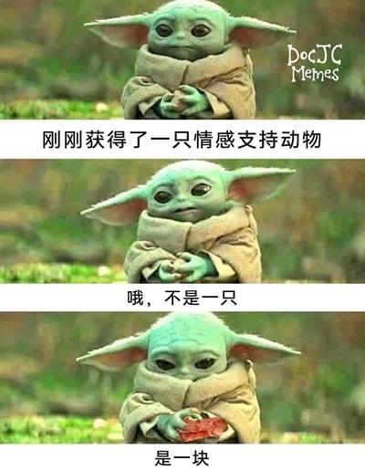 这是一张由三幅尤达宝宝（格洛古）的画面组成的连环搞笑梗图，通过递进的文字和画面制造反差笑点。第一幅图中，尤达宝宝抱着食物，配文“刚刚获得了一只情感支持动物”，借用“情感支持动物”的概念制造期待感；第二幅图中尤达宝宝表情微变，配文“哦，不是一只”，形成转折；第三幅图里尤达宝宝手中的食物只剩一小块，配文“是一块”，揭晓真相——将用来慰藉情绪的食物调侃成“情感支持动物”的替代品，用这种错位的幽默，展现了人们在情绪低落时用食物获得慰藉的日常场景，充满趣味。
