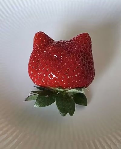 这是一张实拍的静态照片，背景为带有细微纹理的浅灰白色平面，画面中心是一颗外形奇特的草莓：它的红色果实部分天然生长出两个对称的凸起，形似猫咪的两只耳朵，整体果实轮廓酷似猫咪头部，果实表面分布着草莓特有的淡黄色籽，还带有晶莹的水珠反光，底部保留着新鲜的绿色萼片，整体造型十分可爱有趣。
