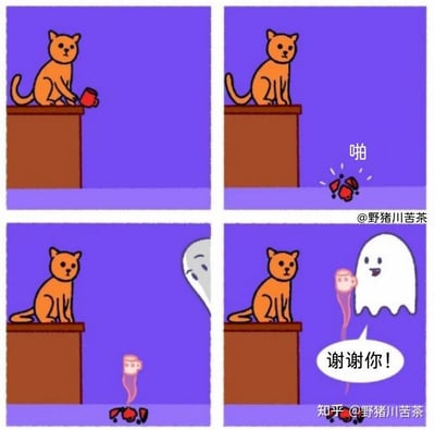 四格连环漫画，每格都以紫色为背景。第一格：橘猫坐在棕色平台上，爪子碰着一个红色杯子；第二格：杯子从平台掉落，地上有破碎的红色杯子碎片，旁边有“啪”的拟声词；第三格：橘猫看着地上的碎片，左侧出现一个白色幽灵的半张脸；第四格：幽灵完整出现，手里拿着一个粉色杯子，笑着对橘猫说“谢谢你！”。
