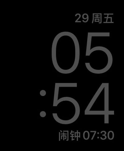 这是一张智能手表的屏幕截图，整体为黑底灰字的简约界面：右上角标注日期为29日周五，界面中央是大号字体显示的当前时间05:54，底部标注了已设置的闹钟时间为07:30，据发布者描述该截图是手表未经过手动操作自行触发截取的。