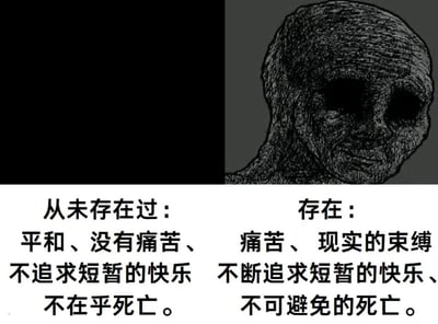 这是一张左右对比风格的哲学类梗图。左侧为纯黑色背景，配有文字“从未存在过：平和、没有痛苦、不追求短暂的快乐、不在乎死亡。”；右侧是一幅黑白素描风格的诡异人物侧脸，其面部轮廓扭曲，眼窝深陷呈黑洞状，表情平静中带着诡异，旁边配有文字“存在：痛苦、现实的束缚、不断追求短暂的快乐、不可避免的死亡。”。图片通过强烈的视觉和文字对比，探讨了存在与非存在状态下的不同生命体验，带有明显的存在主义哲学意味。