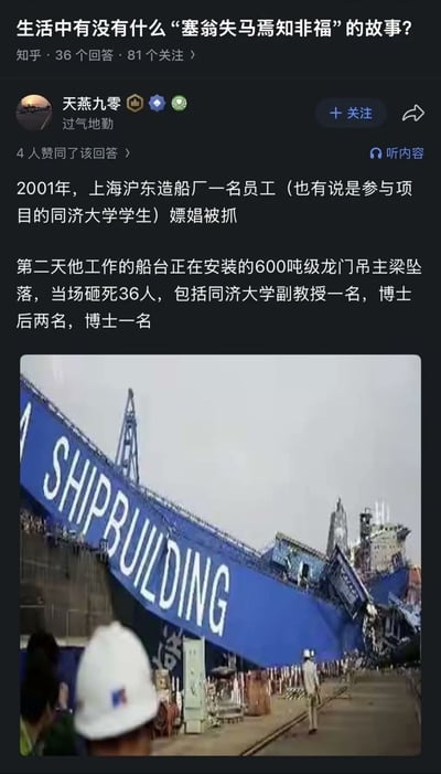 这是一张知乎平台的问答页面截图，顶部是提问“生活中有没有什么‘塞翁失马焉知非福’的故事？”，显示该问题有36个回答、81个关注。下方是用户“天燕九零”的回答内容，回答称2001年上海沪东造船厂一名员工（也有说法是参与项目的同济大学学生）因嫖娼被抓，次日他工作的船台安装的600吨级龙门吊主梁发生坠落事故，当场造成36人死亡，遇难者包含同济大学副教授1名、博士后2名、博士1名，回答下方附带了事故现场的实拍照片，照片中可以看到印有白色“SHIPBUILDING”字样的蓝色大型倒塌构件，现场还有佩戴安全帽的工作人员。