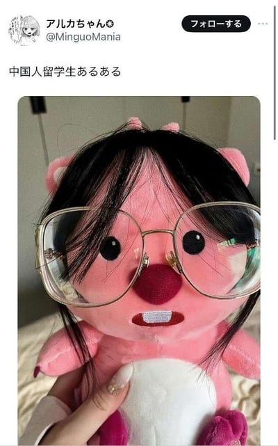 一张社交媒体截图，展示了一个戴着眼镜、戴着黑色假发的粉色毛绒玩具，配文'中国人留学生あるある'（中国留学生常有的事）。图片中可以看到一只手握着这个粉色玩偶，玩偶有着大大的圆眼镜、黑色刘海和惊讶的表情，营造出一种幽默可爱的氛围。