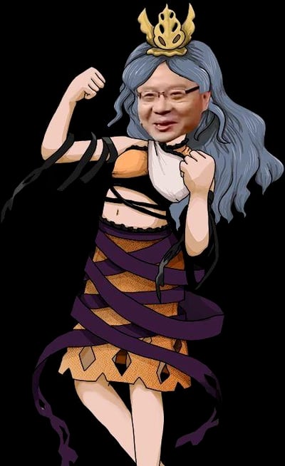 这是一张充满反差感的恶搞P图，将一位戴眼镜的中年男性的面部，合成到了一个有着灰蓝色长发、头戴金色小皇冠、穿着橙紫配色露腰绑带二次元风格服饰的女性身体上。人物摆出握拳抬臂的姿势，整体形象违和感拉满，通过真人面部和二次元身体的错位组合制造出滑稽搞笑的效果，图中没有双关、谐音梗等内容。