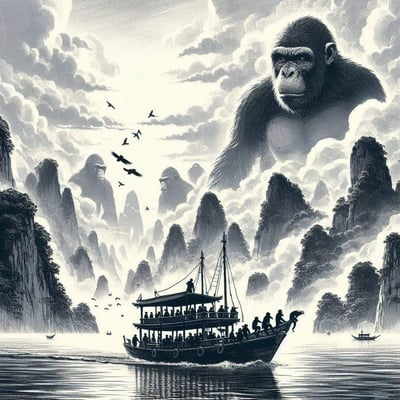 这是一幅黑白风格的AI生成奇幻插画：双层游船满载乘客行驶在雾气氤氲的江上，船首还有几只猩猩模样的形象探身张望；两岸是喀斯特地貌的陡峭峰林，云雾翻涌间，数尊体型堪比山峦的巨型大猩猩伫立其中，有的在云端俯瞰江面，有的与峰林融为一体，空中飞鸟掠过，整体场景神秘震撼，仿佛人类无意间闯入了巨猿主宰的奇幻秘境。