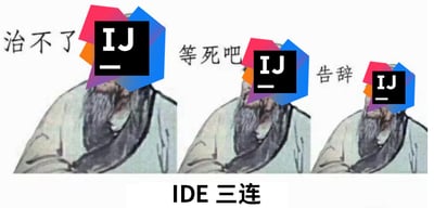 这是一张由三幅孔子画像拼接而成的连环梗图，每幅图中孔子的脸部均被带有“IJ”字样的彩色色块遮挡，依次配文“治不了”“等死吧”“告辞”，底部标注“IDE三连”。其中“IJ”指代程序员常用的编程集成开发环境IntelliJ IDEA（简称IJ），该图借用经典的“孔子三连”表情包模板，调侃程序员在使用该IDE遇到无法解决的问题时，无奈摆烂、选择放弃的心态。