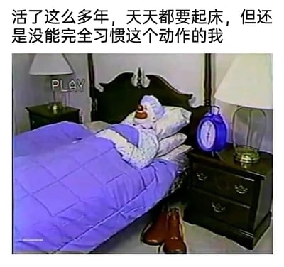 这是一张引发大众共鸣的搞笑梗图，上方配有文字“活了这么多年，天天都要起床，但还是没能完全习惯这个动作的我”，图中是麦当劳的经典形象麦当劳叔叔，他躺在床上，盖着紫色的被子，床头的蓝色闹钟显示出到了该起床的时间，床边已经摆放好鞋子，但麦当劳叔叔一脸抗拒、不情愿的样子，生动地还原了很多人每天起床时的痛苦心态——即便每天都要经历起床这件事，却始终对被窝充满留恋，无法习惯离开温暖被窝的动作，这种日常的小烦恼很容易戳中网友的笑点和共鸣点。