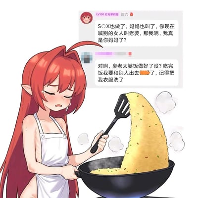 图中是一位红长发的精灵女孩，仅围着白色围裙，正流着泪用锅铲翻炒着锅里巨大的蛋炒饭，神情委屈又难过。右上角搭配了两段聊天记录：上方是女孩的发言「S○X也做了，妈妈也叫了，你现在喊别的女人叫老婆，那我呢，我真是你妈妈了？」，下方是对方冷漠的回复「对啊，臭老太婆饭做好了没？吃完饭我要和别人出去[被遮挡]了，记得把我衣服洗了」。
梗点在于强烈的情感反差：女孩已经付出了所有，却被对方当作免费的老妈子使唤，还被嫌弃，凸显出她的委屈与无奈，用夸张的蛋炒饭和哭泣的神情放大了这种心酸感。