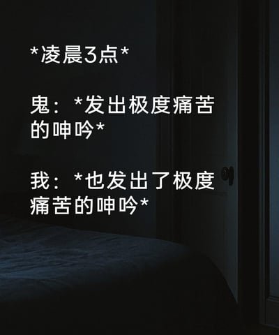这是一张反套路的搞笑梗图，背景设定在凌晨3点的昏暗卧室，半开的门和床铺营造出典型的恐怖场景氛围，但文本内容却打破了恐怖题材的常规走向：本该制造恐惧的鬼发出极度痛苦的呻吟，而“我”没有表现出害怕，反而也发出了同样痛苦的呻吟，用荒诞的互动消解了恐怖感，既吐槽了当代人可能面临的深夜失眠、身体不适的痛苦状态，也用无厘头的方式制造出强烈的搞笑效果。