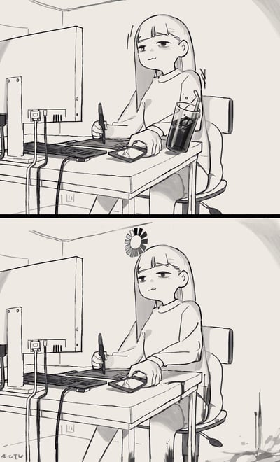 两张上下排列的黑白线稿漫画，描绘了一位长发女孩在电脑前工作的场景。上半部分中，女孩正专注地使用数位板绘画，桌上放着手机和一杯加了吸管的饮料。下半部分构图几乎相同，但女孩头顶多了一个类似太阳的符号，可能表示灵感或心情的变化。画面线条简洁，营造出安静专注的工作氛围。