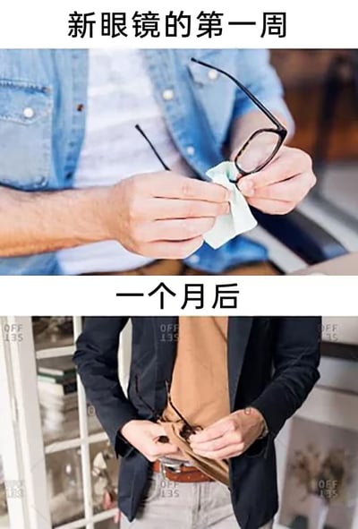 这张梗图对比了人们在配新眼镜后对待眼镜态度的变化。上半部分展示刚买新眼镜的第一周，用专用眼镜布认真擦拭镜片；下半部分则为一个月后，随意用衣服下摆擦眼镜。整个场景夸张表现了人类惯性懒惰、日常习惯退化的搞笑现象。

无明显双关、谐音梗或暗示。