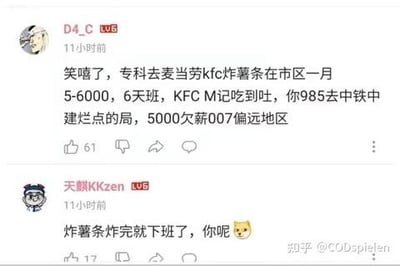 这是一张网络论坛的评论截图，用户D4_C发布评论进行扎心对比：专科生在市区肯德基/麦当劳炸薯条，月薪5000-6000，做6休1，还能随时吃肯德基麦当劳；而985毕业生进入中铁、中建的偏远项目，月薪5000还存在欠薪情况，还得007加班。另一用户天麒KKzen随即补刀，调侃炸薯条的工作炸完就能下班，反问对方的工作状态，用直白的文字对比了不同学历背景下工作的性价比差异，引发打工人对职场现状的共鸣与吐槽。