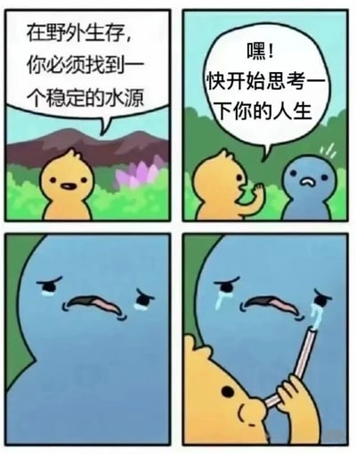 四格连环漫画，讲述黄色小鸡与蓝色角色的野外生存对话。第一格：黄色小鸡在野外背景前说“在野外生存，你必须找到一个稳定的水源”；第二格：黄色小鸡抬手对蓝色角色说“嘿！快开始思考一下你的人生”；第三格：蓝色角色特写，面露悲伤并流泪；第四格：蓝色角色哭得更厉害，黄色小鸡拿着疑似取水工具靠近。通过生存建议突然转折到人生思考，制造幽默反差。