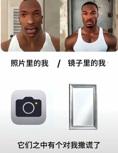 这张图为左右对比结构的搞笑梗图，上方分为左右两部分，左侧是面容轮廓柔和、肌肉线条不突出的黑人男性形象，对应文字标注“照片里的我”；右侧是五官立体硬朗、肌肉健硕帅气的同种族男性形象，对应文字标注“镜子里的我”。下方左侧放置相机图标、右侧放置全身镜图标，底部配文“它们之中有个对我撒谎了”，生动调侃了大众普遍存在的自我外貌认知偏差：不少人认为镜子里的自己比相机拍摄的自己更好看，无法确定哪一个才是自己真实的样貌。