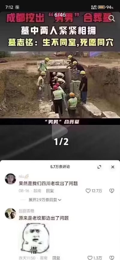 这是一张竖屏格式的短视频平台截图，画面分为上下两部分：上半部分是一则考古新闻的视频画面，展示了工作人员发掘“成都男男合葬墓”的场景，配文称墓中两人紧紧相拥，墓志铭写有“生不同室，死愿同穴”；下半部分是评论区，高赞评论“果然是我们四川老坟出了问题”，还有一条评论配懵脸熊猫头表情包写着“原来是老坟那边出了问题”。
这里运用了四川方言的谐音梗：四川话里“老坟”谐音“本分”，“老坟出了问题”即调侃“不守本分”，用来玩男男合葬墓的梗，制造搞笑效果。