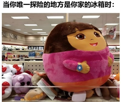 图片上方配有文字'当你唯一探险的地方是你家的冰箱时：'，下方是一张商店货架的照片，货架上摆放着一个体型圆润的朵拉（Dora the Explorer）毛绒玩具，周围还有其他小型毛绒玩具。通过将以探险为特色的朵拉形象设计成圆润体型，幽默地调侃了因活动范围缩小（只能'探险'冰箱）而可能导致体重增加的生活状态。