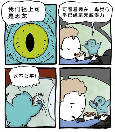 这是一则四格连环卡通漫画，以幽默的方式结合科学冷知识制造笑点：第一格是特写的竖瞳大眼，配文点出鸟类的祖先是恐龙；第二格呈现卷发卡通人在车内喝咖啡，一只蓝色小鸟站在车窗边，人物调侃如今的鸟类毫无威慑力；第三格小鸟愤怒地拍打车窗，喊出内心的不满；第四格小鸟张着嘴激动叫嚷，车内的人露出惊讶的表情。漫画通过拟人化的小鸟，将“鸟类起源于恐龙”的科学常识转化为充满反差感的喜剧场景，用日常化的车内场景放大这种身份落差带来的趣味。
