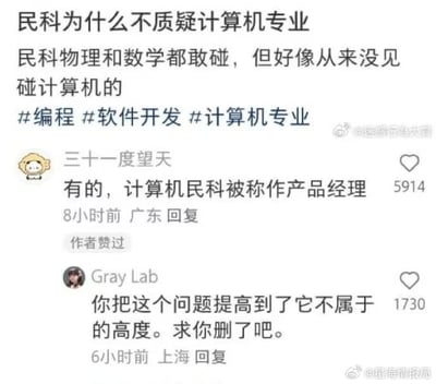 这是一张微博截图，内容为讨论“民科为什么不质疑计算机专业”的帖子及两条热门评论。原帖提出“民科物理和数学都敢碰，但好像从来没见碰计算机的”，并带有#编程 #软件开发 #计算机专业 话题标签。第一条评论“三十一度望天”幽默回复“有的，计算机民科被称作产品经理”，获5914赞；第二条评论“Gray Lab”调侃“你把这个问题提高到了它不属于的高度。求你删了吧”，获1730赞。整体通过评论互动形成对产品经理的调侃式幽默。