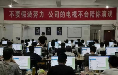 这是一张实拍的集中办公区域照片，室内排列着大量工位，数十名员工背对镜头坐在工位前操作电脑工作，有一名身着黑衣的男子背手站在员工队伍前方，似乎是管理人员正在巡查。办公区上方悬挂着一条醒目的红色横幅，上面印有白色大字“不要假装努力 公司的电棍不会陪你演戏”，墙面还张贴了“执行”“践行”“目标”的主题标语和一块白板。该横幅内容改编自常见的职场励志标语“不要假装努力，结果不会陪你演戏”，将“结果”替换为“电棍”，用夸张的表述调侃了部分企业严苛高压的管理文化，颇具戏谑感。