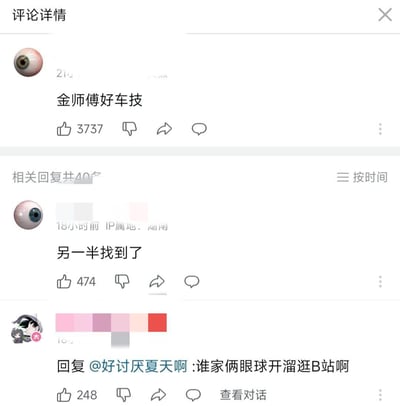 社交媒体评论区截图，显示一条获得3737个赞的主评论“金师傅好车技”，以及两条相关回复。第一条回复“另一半找到了”获得474个赞，第二条回复“谁家俩眼球开溜逛B站啊”获得248个赞。所有评论用户均使用眼球图案作为头像，形成有趣的视觉统一感。