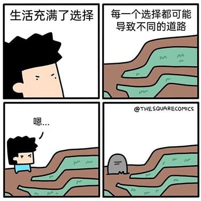 这是一幅四格卡通连环漫画，用反转的剧情调侃了人们面对众多选择时的逃避心态。第一格展示了一个眉头微皱的卡通男子，配文点明“生活充满了选择”；第二格呈现出多条分叉的曲折道路，配文说明“每一个选择都可能导致不同的道路”；第三格中男子站在道路起点，发出“嗯...”的声音，神情严肃地陷入思考；第四格则是神转折，男子变成了一块石头卡在道路起点，以此来逃避需要做出选择的困境，画风简洁幽默，精准戳中人们面对选择时的纠结与逃避心理。