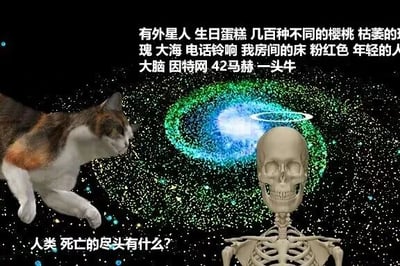 这是一张AI生成的静态图文混排图，背景是带有明亮核心的宇宙星云，画面左侧是一只处于扑跃姿态的三色猫，它四肢抬起，神情专注，目光紧盯前方；画面右侧是一个面带微笑的骷髅骨架，静止站立。图中上方排列着一系列杂乱无章的碎片化词汇：“有外星人 生日蛋糕 几百种不同的樱桃 枯萎的玫瑰 大海 电话铃响 我房间的床 粉红色 年轻的大脑 因特网 42马赫 一头牛”，下方则是哲学提问：“人类 死亡的尽头有什么？”。这些碎片化词汇像是对死亡尽头可能出现的各类意象的脑洞式罗列，搭配猫和骷髅的怪异组合，营造出荒诞又充满想象的氛围，试图引发人们对死亡尽头的思考。对于图中的提问，目前并没有确切答案，不同文化、宗教有不同解读，有人认为是虚无，有人认为是进入另一个世界，也有人认为是意识的消散，而图中的词汇代表了一种脑洞想象，即死亡尽头可能是各种记忆、意象的杂乱集合。