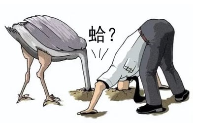 图片中一只鸵鸟和一位穿衬衫的男性双双把头埋进土里，旁边写着“鸵？”。该场景用鸵鸟遇到危险就埋头的典型行为类比人类面对尴尬或问题时的逃避，幽默又自嘲。文字“鸵？”用谐音梗暗示“躲？”借鸵鸟行为讽刺现实生活中逃避问题的人，既搞笑又有网络自嘲意味。