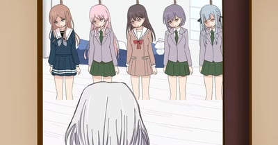 动漫场景中，五位身着不同校服的女学生并排站立，表情悲伤。她们有着棕色、粉色、黑色、紫色和蓝色的头发，穿着深色或浅色的水手服和西装式校服。前方有一位白发人物背对着观众，似乎在面对这五位女生。整个场景氛围压抑，所有角色都低着头，显得情绪低落。